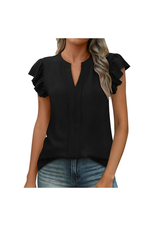 Women Dressy Casual Blouse Ruffle Cap Sleeve V Neck Elegant Textured T Shirts 2025 Summer Loose Business Work Tops