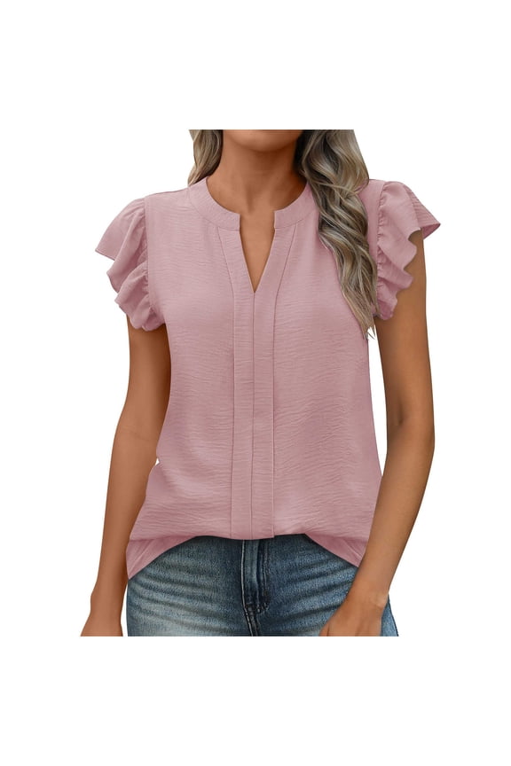 Women Dressy Casual Blouse Ruffle Cap Sleeve V Neck Elegant Textured T Shirts 2025 Summer Loose Business Work Tops