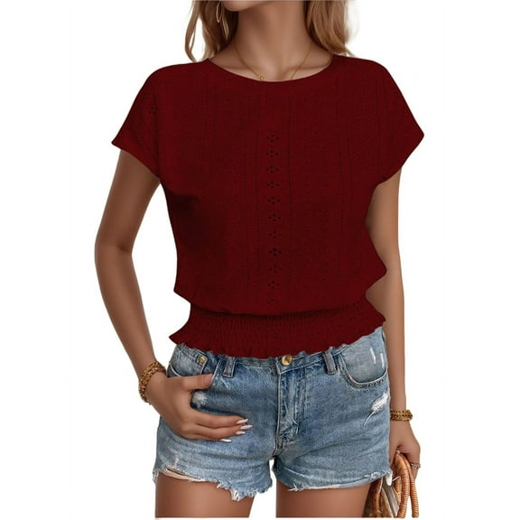 Women Dressy Casual Cap Sleeve Tops with Smocked Hem Wine Red S