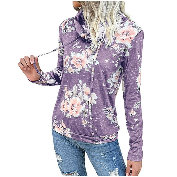 Women Dressy Casual Floral Print Hoodies Crewneck Long Sleeve Pullover Hooded Sweatshirt Drawstring Going Out Tops Streetwear Winter Fall Clothes