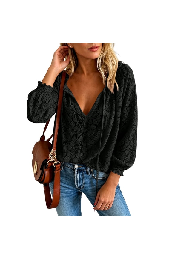 Women Dressy Casual Lace Blouse Long Sleeve V Neck Crochet Floral Top Loose Fit Peasant Shirt Summer Boho Tunic Top