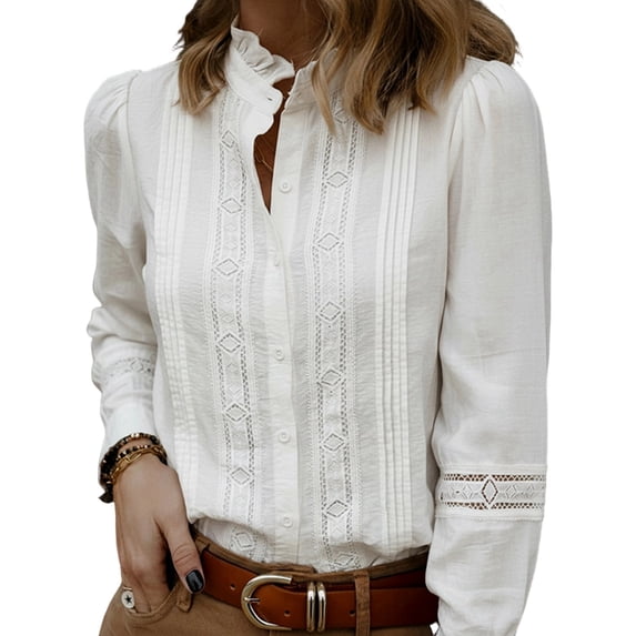 Women Dressy Casual Long Sleeve Button Down Ruffle Neck Blouse Work Shirt Summer Fall Business Outfit White S