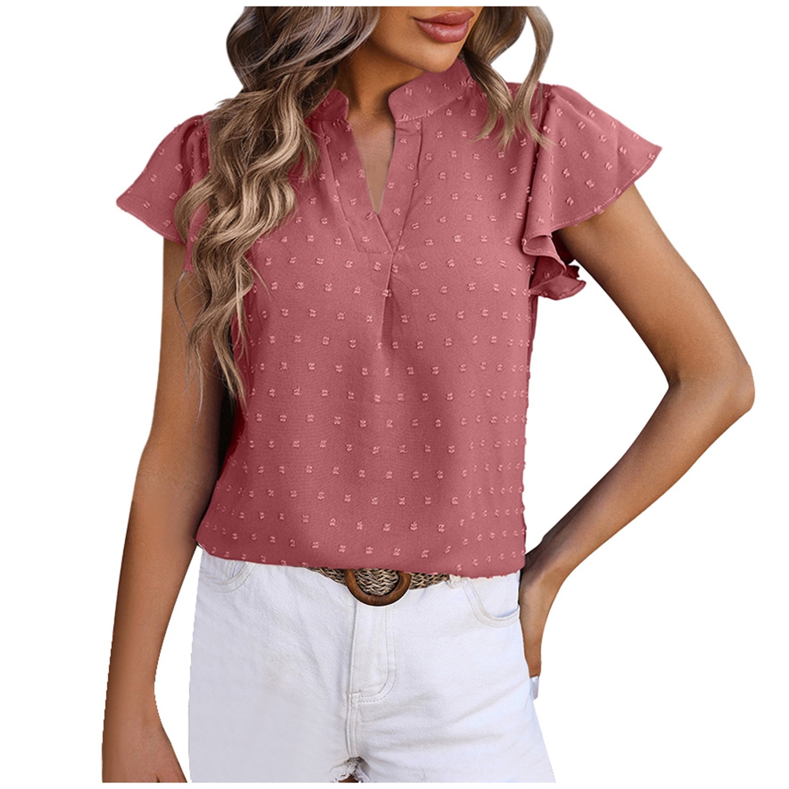 Women Dressy Chiffon Blouses Summer Puff Petal Short Sleeve Shirts V