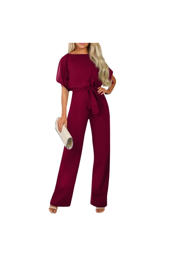 Women Dressy Jumpsuits Short Sleeve Belted Wide Leg Pant Crew Neck Elegant Romper Red 3XL