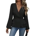 thumbnail image 1 of Women Dressy Long Sleeve Blouses,Wrap Peplum Work Shirts V Neck Business Tops Elegant Fall Outfits Black XL, 1 of 9