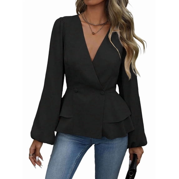 Women Dressy Long Sleeve Blouses,Wrap Peplum Work Shirts V Neck Business Tops Elegant Fall Outfits Black XL