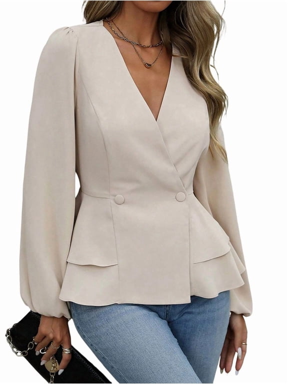 Women Dressy Long Sleeve Blouses,Wrap Peplum Work Shirts V Neck Business Tops Elegant Fall Outfits Color M
