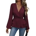 thumbnail image 1 of Women Dressy Long Sleeve Blouses,Wrap Peplum Work Shirts V Neck Business Tops Elegant Fall Outfits Wine Red M, 1 of 9