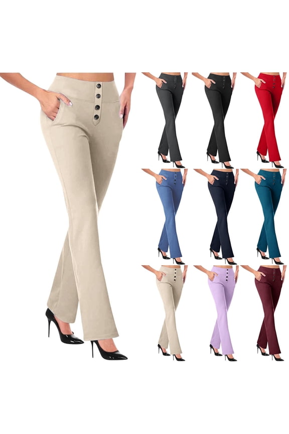 Women Dressy Pants for Business Casual Stretch Bell Bottoms Work Pants Ornamental Buttons High Waisted Pull on Trousers with Pockets
