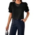 thumbnail image 1 of Women Dressy Plain Solid Short Sleeve Chiffon Blouse Boat Neck Shirts Summer Tops Elegant Blouse Tshirts Tees Apparel Black L, 1 of 8