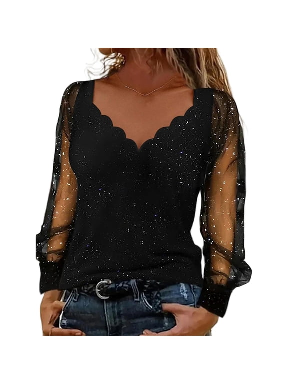 Women Dressy Shirt Sheer Mesh Patchwork Long Sleeve Glitter Tunic Tops V-Neck Casual Bling Blouse for Party Travel