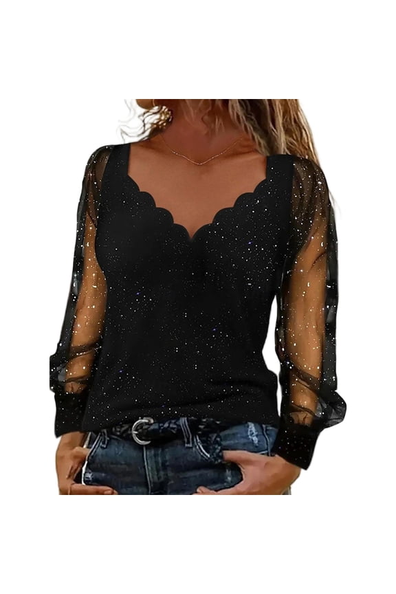 Women Dressy Shirt Sheer Mesh Patchwork Long Sleeve Glitter Tunic Tops V-Neck Casual Bling Blouse for Party Travel