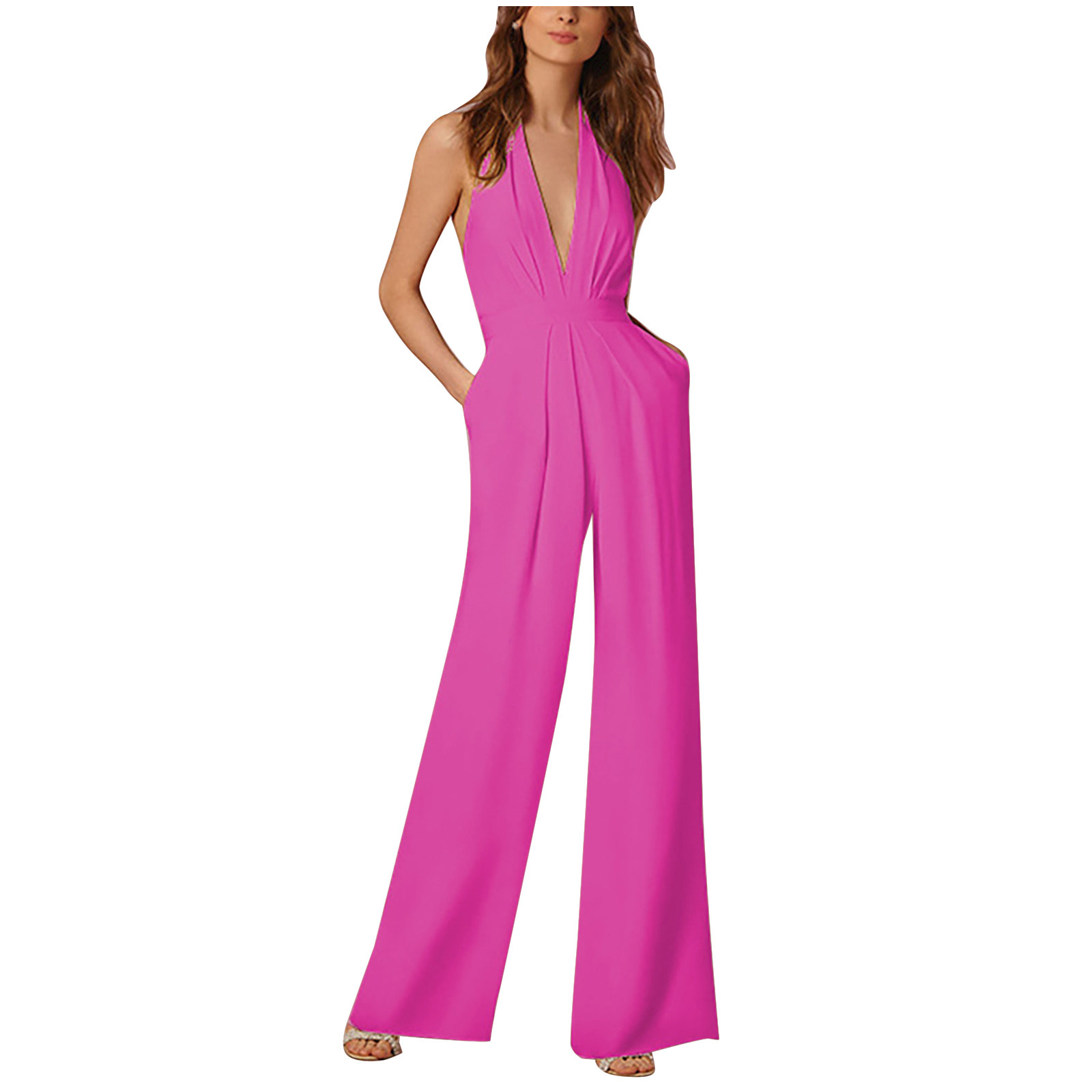Women Dressy Sleeveless Jumpsuits Sexy Open Back Halter Deep V Neck Wide Leg Full Length Rompers