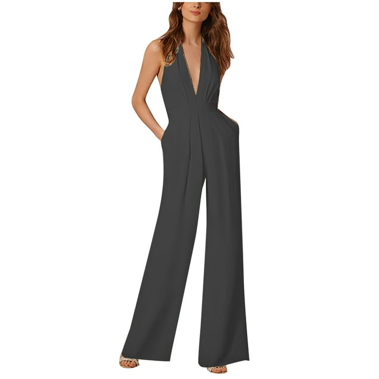 Women Dressy Sleeveless Jumpsuits Sexy Open Back Halter Deep V Neck Wide Leg  Full Length Rompers with Pockets Wedding 