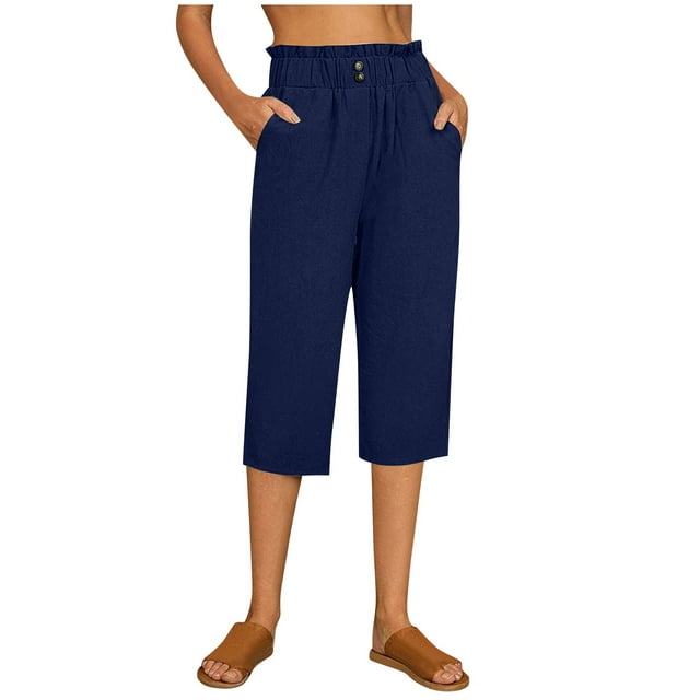 Women Dressy Solid Color Pants Cotton Flax Elastic Long Pants Beach Leisure Trousers Navy XL