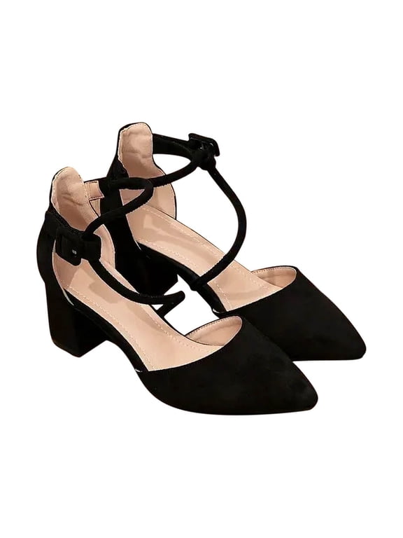 Women Dressy Suede D'orsay Pump Chunky Pointed Toe High Heels Dress Shoes Evening Cocktail Ankle-Strap Work Pumps
