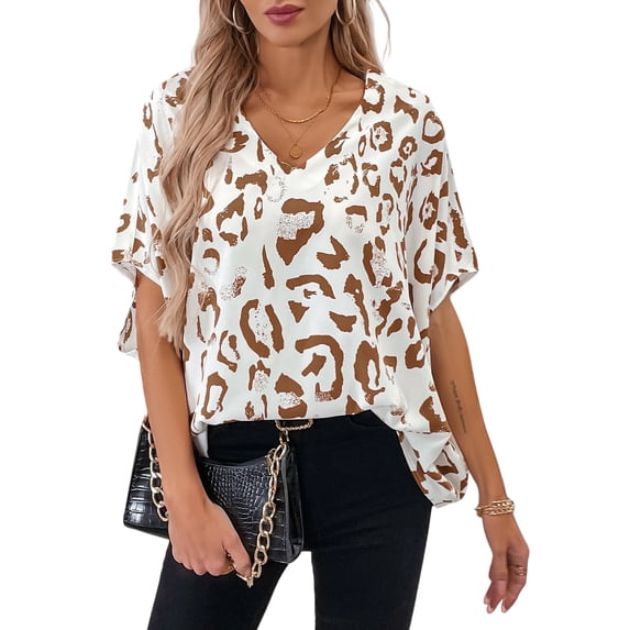 SOMER Women's Dolman Sleeve Blouse Casual loose fit dressy V-Neck Short Sleeve Tops for Summer with Pattern, White