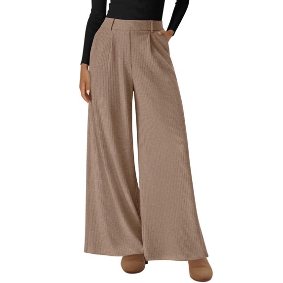 Women Dressy Work Business Casual Elastic High Waisted Trousers Ribbed Lounge Palazzo Pants Camel Color XL