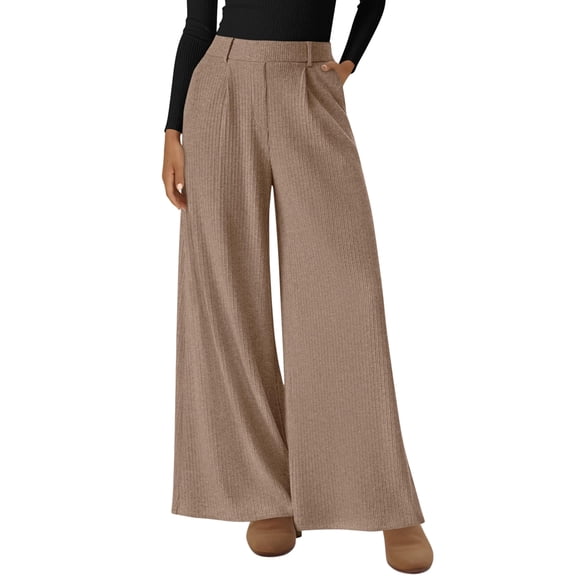 Women Dressy Work Business Casual Elastic High Waisted Trousers Ribbed Lounge Palazzo Pants Camel Color XXL