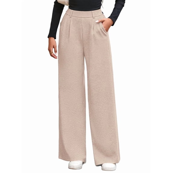 Women Dressy Work Business Casual Elastic High Waisted Trousers Ribbed Lounge Palazzo Pants Oat Color L
