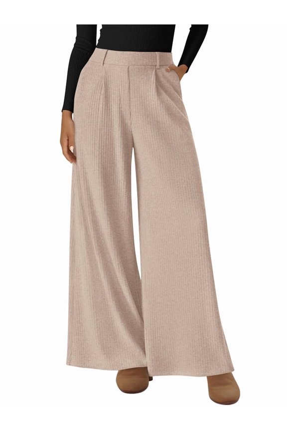 Women Dressy Work Business Casual Elastic High Waisted Trousers Ribbed Lounge Palazzo Pants Oat Color M