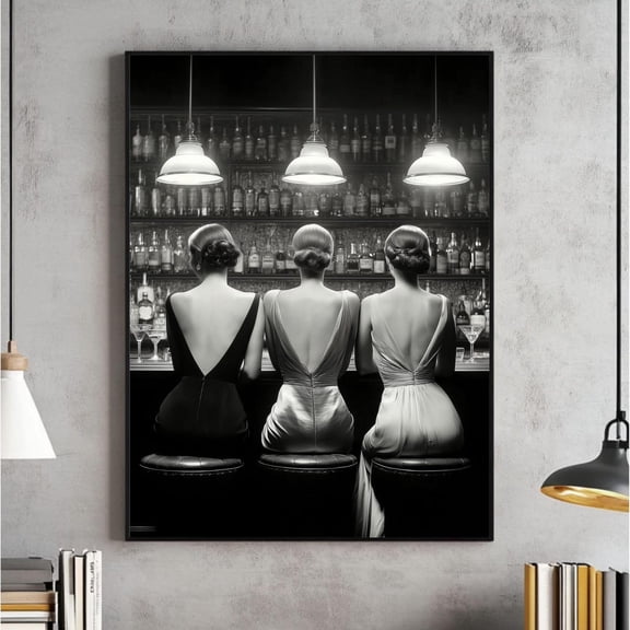 Women Drinking Cocktails Wall Art, Bar Cart, Three Friends Vintage Decor, Alcohol Photograph,, Black And White #1439, Unframed Canvas Size 8x12
