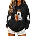 thumbnail image 1 of Women Drop Shoulder Spooky Season Hoodie Drawstring Kangaroo Pocket Fall Halloween Pullover Witch Hat Cute Ghost Pumpkin Spice Drink Bat Front Print Sweatshirt, 1 of 6