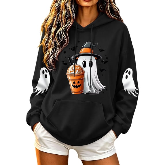 Women Drop Shoulder Spooky Season Hoodie Drawstring Kangaroo Pocket Fall Halloween Pullover Witch Hat Cute Ghost Pumpkin Spice Drink Bat Front Print Sweatshirt