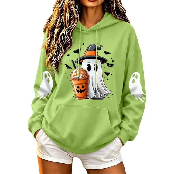 Women Drop Shoulder Spooky Season Hoodie Drawstring Kangaroo Pocket Fall Halloween Pullover Witch Hat Cute Ghost Pumpkin Spice Drink Bat Front Print Sweatshirt