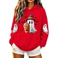 thumbnail image 1 of Women Drop Shoulder Spooky Season Hoodie Drawstring Kangaroo Pocket Fall Halloween Pullover Witch Hat Cute Ghost Pumpkin Spice Drink Bat Front Print Sweatshirt, 1 of 6