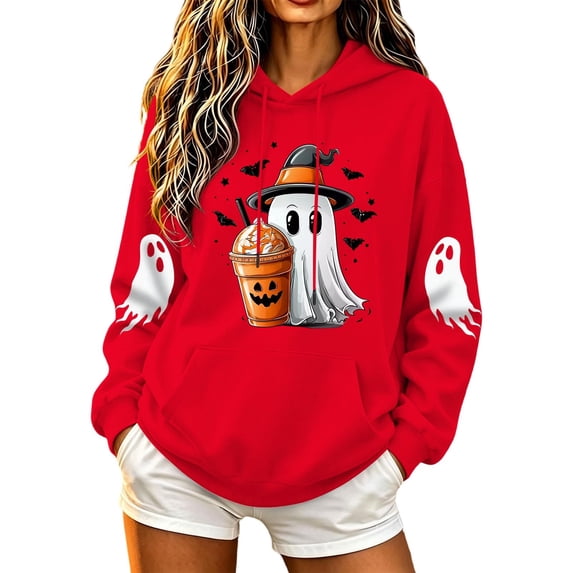 Women Drop Shoulder Spooky Season Hoodie Drawstring Kangaroo Pocket Fall Halloween Pullover Witch Hat Cute Ghost Pumpkin Spice Drink Bat Front Print Sweatshirt