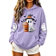 thumbnail image 1 of Women Drop Shoulder Spooky Season Hoodie Drawstring Kangaroo Pocket Fall Halloween Pullover Witch Hat Cute Ghost Pumpkin Spice Drink Bat Front Print Sweatshirt, 1 of 6