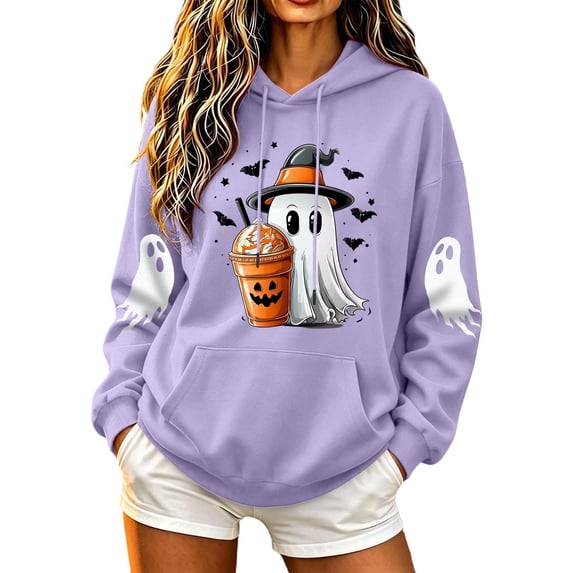 Women Drop Shoulder Spooky Season Hoodie Drawstring Kangaroo Pocket Fall Halloween Pullover Witch Hat Cute Ghost Pumpkin Spice Drink Bat Front Print Sweatshirt