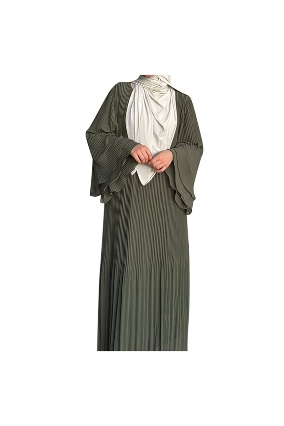 Women Dubai Pullover Robe Chiffon Pleated Middle Solid Color Dress