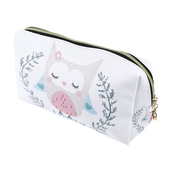 Women Durable Cute Owl Cosmetic Bag for Outdoor Activities Travel Vacation White PU