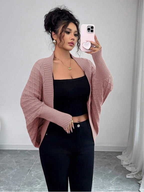 Women Dusty Pink Batwing Knit Cardigan, Textured Diamond Pattern Open