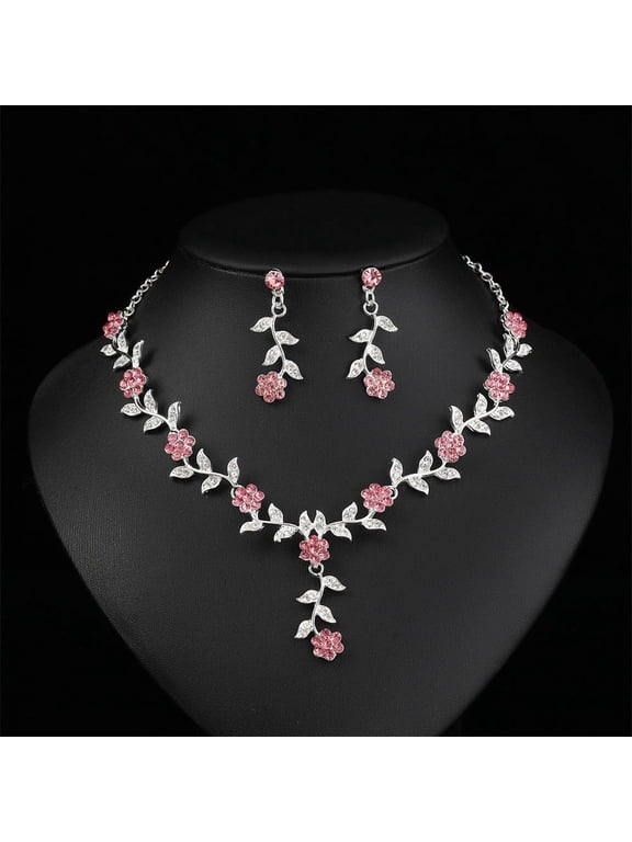 Women Earring Necklace Set Exquisite Rhinestone Pendant Vintage Plum Blossom with Colourful Diamonds Necklace Chain Wedding Jewelry