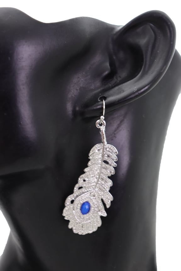 Women Earrings Jewelry Silver Metal Bird Feather Peacock Blue Beads