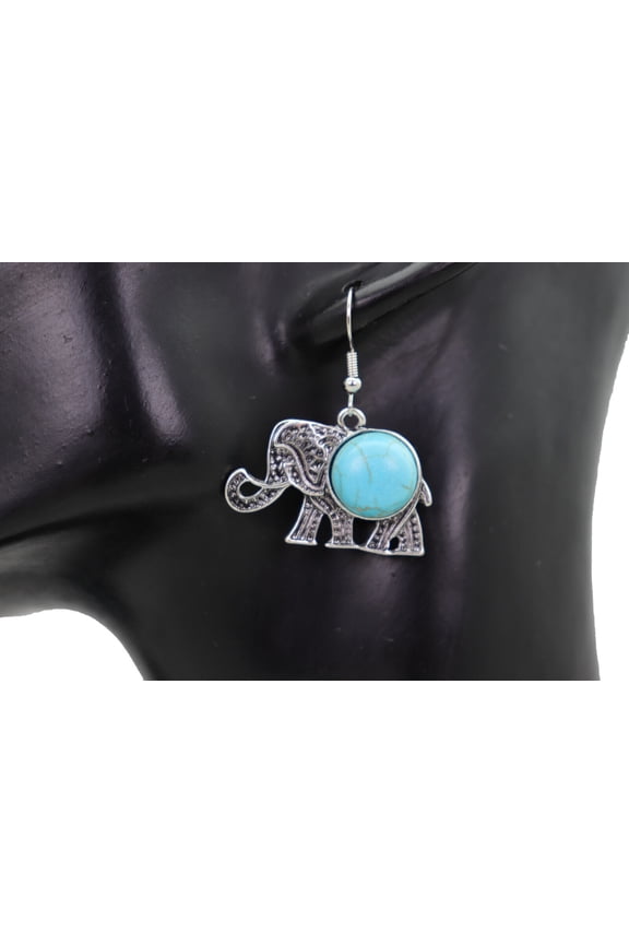 Women Earrings Set Silver Color Metal Cute Elephant Jewelry Turquoise Blue Beads