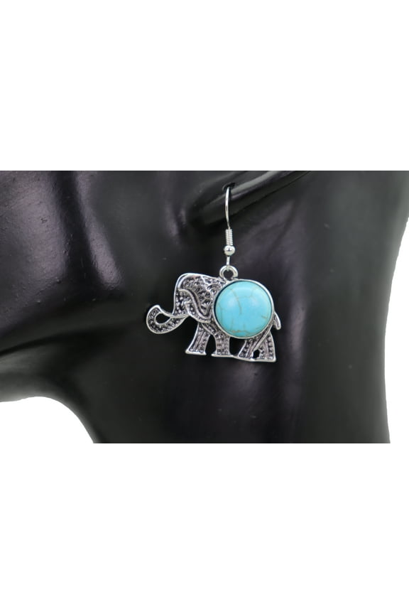 Women Earrings Set Silver Metal Elephant Jewelry Turquoise Blue