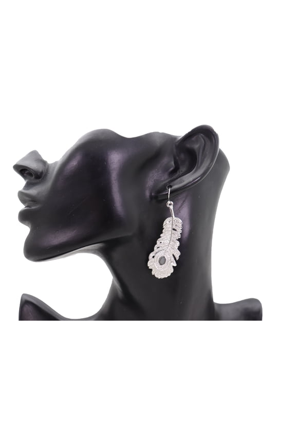 Women Earrings Silver Metal Bird Feather Peacock Gray Beads