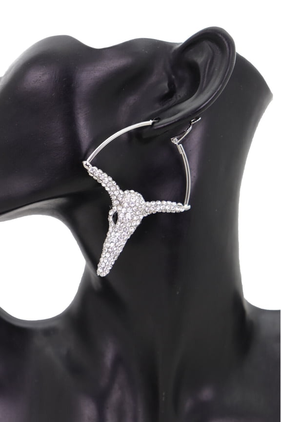 Women Earrings Silver Metal Bull Texas Long Horns Cow Western Celebrity Jewelry