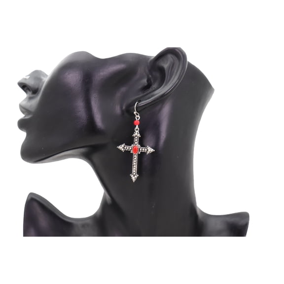 Women Earrings Silver Metal Pointy Cross Fashion Jewelry Red