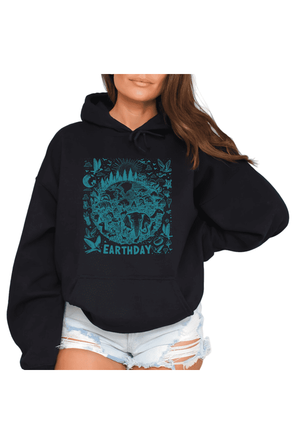 Women Earth Day Wildlife Forest Graphic Hooded Long Sleeved Tops Crew Neck Printed Cotton Hoodie Black S-2XL