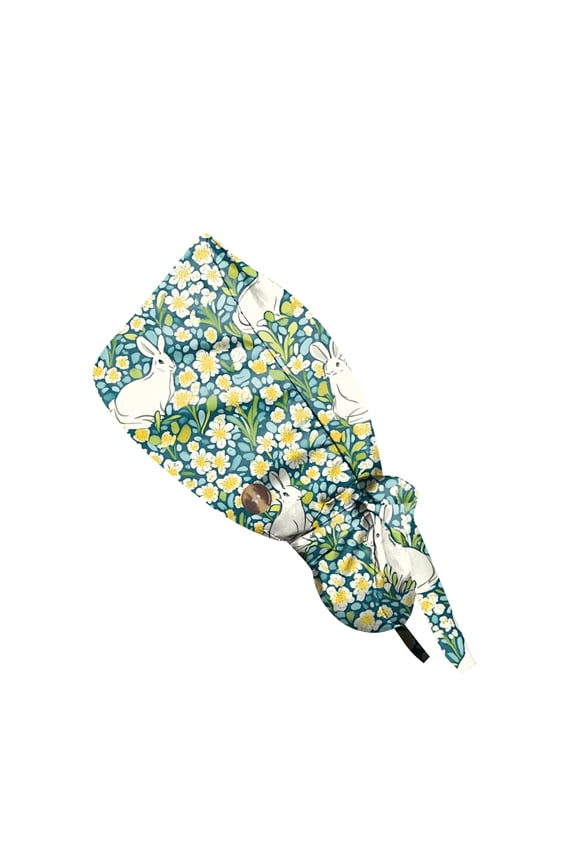 Women Easter Bunny Colorful Eggs Print Surgical Caps Nurse Hat with Buttons Adjustable Tie Back Scrub Hats Green