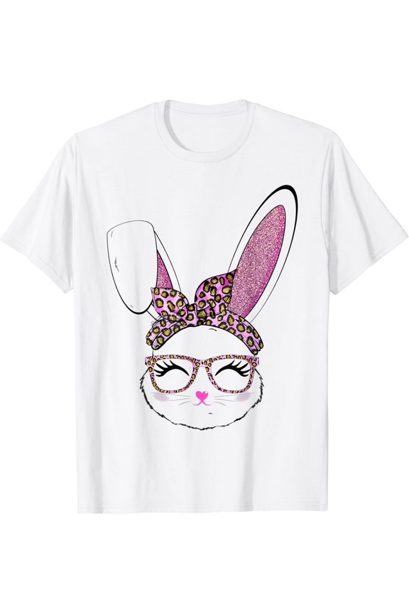 Women Easter Bunny Face Cute Leopard Print Holiday T-Shirt, Size S-5XL