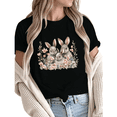 thumbnail image 1 of Women Easter Bunny Trio Floral Graphic Tees Cotton Crew Neck T Shirt fun Tops Black S-5XL, 1 of 5