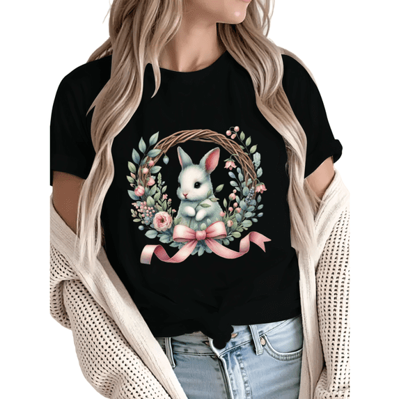 Women Easter Bunny Wreath Graphic Tees Cotton Crew Neck T Shirt fun Tops Black S-5XL