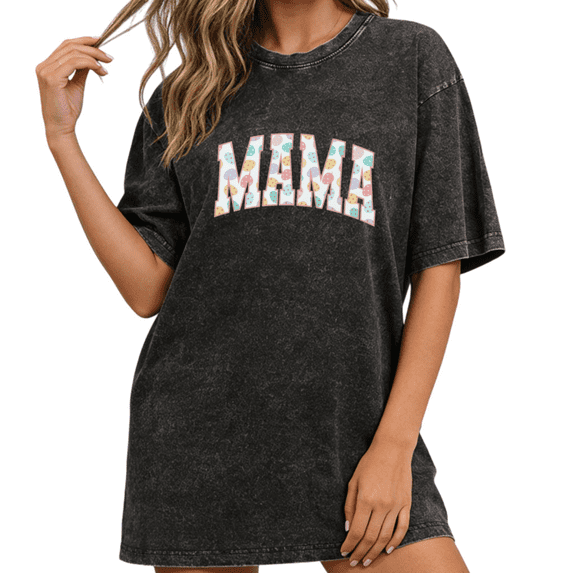Women Easter Eggs Mama Graphic Tees Cotton Crew Neck Printed T-Shirt fun Tops Washed T-Shirt Black S-2XL Plus Size