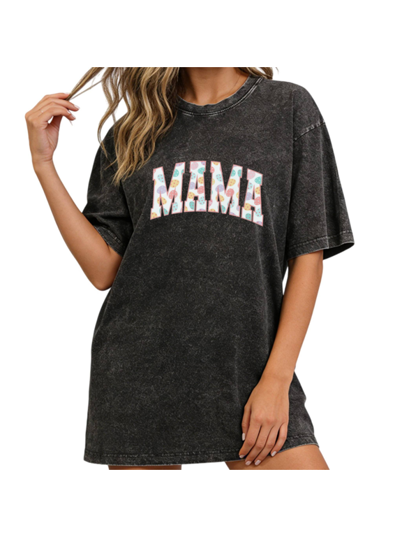 Women Easter Eggs Mama Graphic Tees Cotton Crew Neck Printed T-Shirt fun Tops Washed T-Shirt Black S-2XL Plus Size